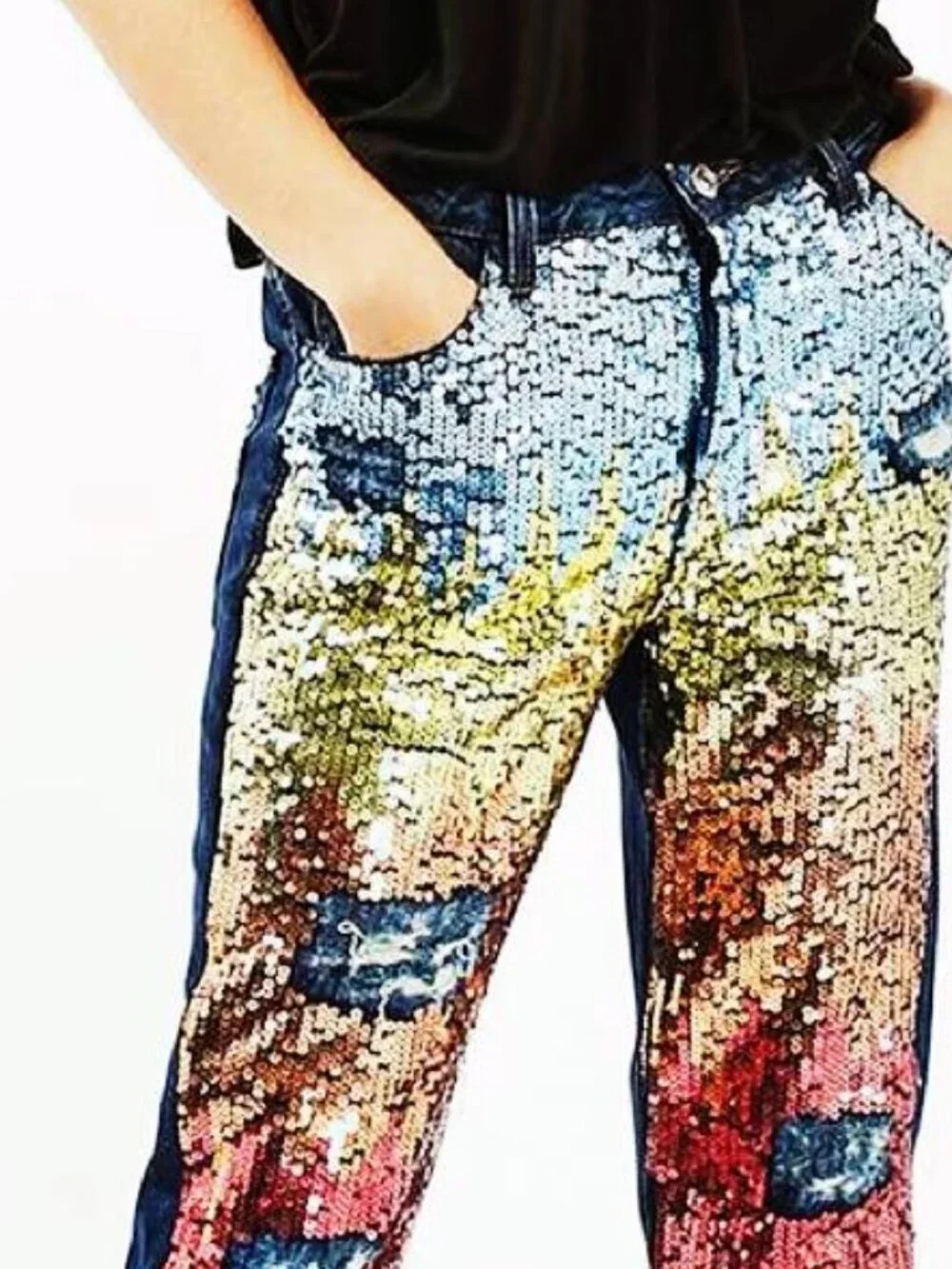 Topshop Hayden Moto Rainbow Sequin Destroyed Distressed Crop Jeans